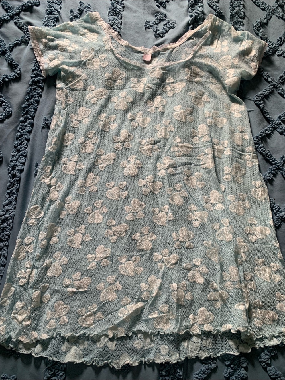 Vintage Sheer Knit Light Blue Mesh Nightgown with White Hearts